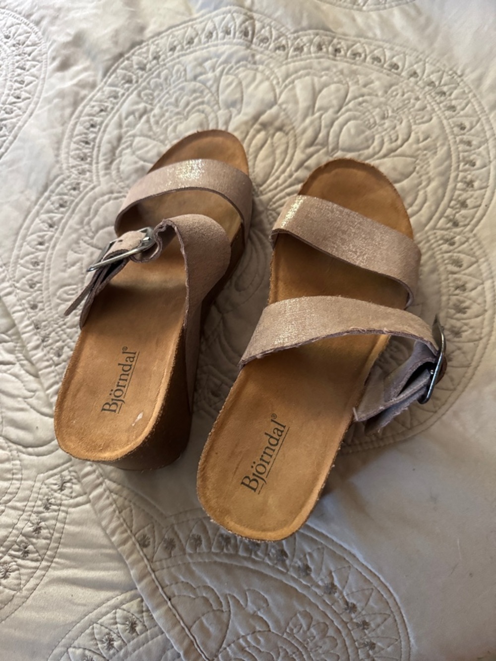 Bjorndal Women's Double-Strap Slide Sandals in Shimmery Taupe